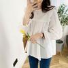 Women Shirt Round Neck Lantern Long Sleeve Pullover Tops Solid Color Loose Fit Ruffle Trim Pleated
