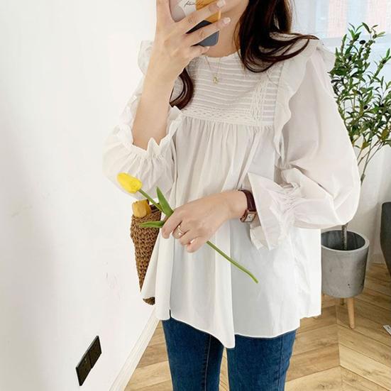 Women Shirt Round Neck Lantern Long Sleeve Pullover Tops Solid Color Loose Fit Ruffle Trim Pleated
