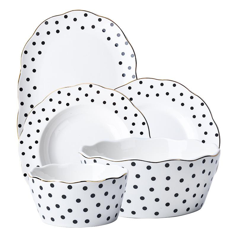 Set creativ de veselă ceramică pătată alb-negru Farfurie de cină din porțelan Bol pentru supă Bol pentru salată Farfurie pentru pește Ustensile de bucătărie
