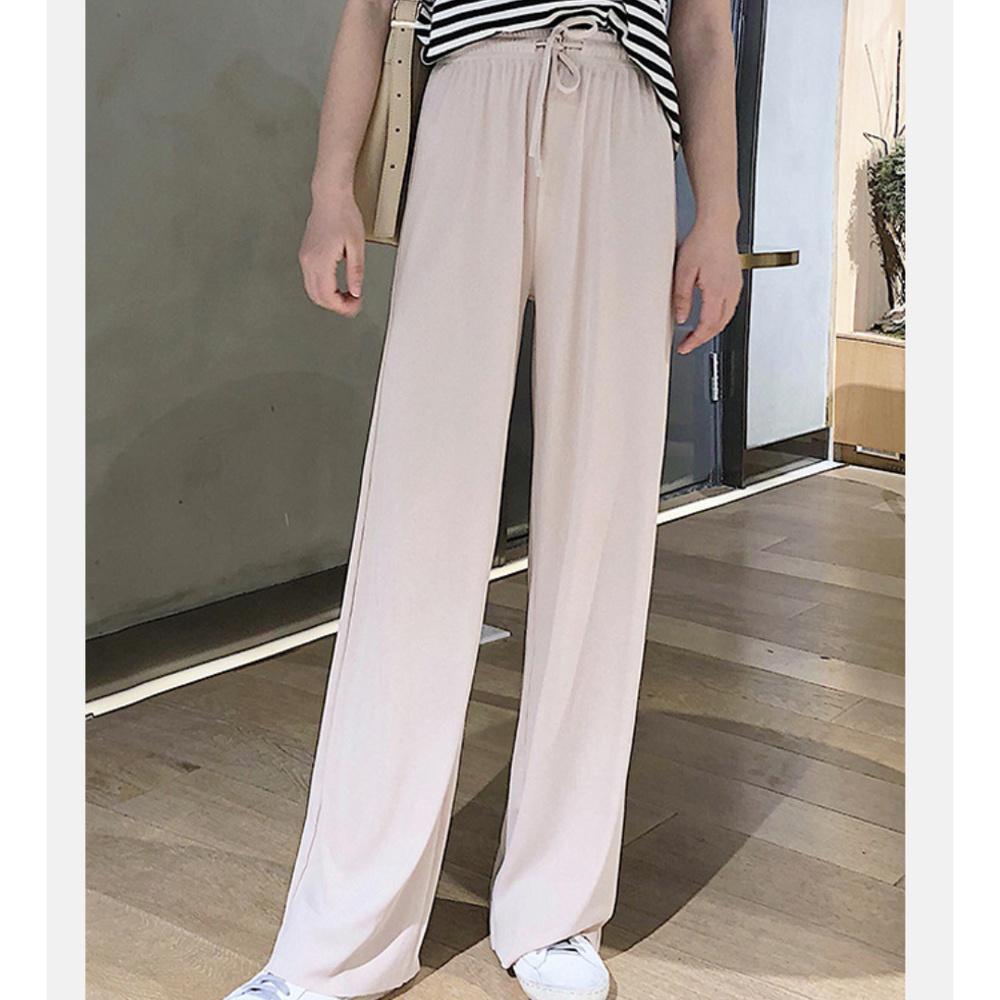 Summer Ladies Ice Silk Light Wide Leg Trousers Girl Solid Color High Waist Loose All-match Straight Casual Pants