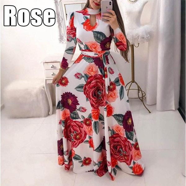 Fashion Women Casual Long Sleeve Dress Maxi Dresses High Waist Flower Dress Party Dress