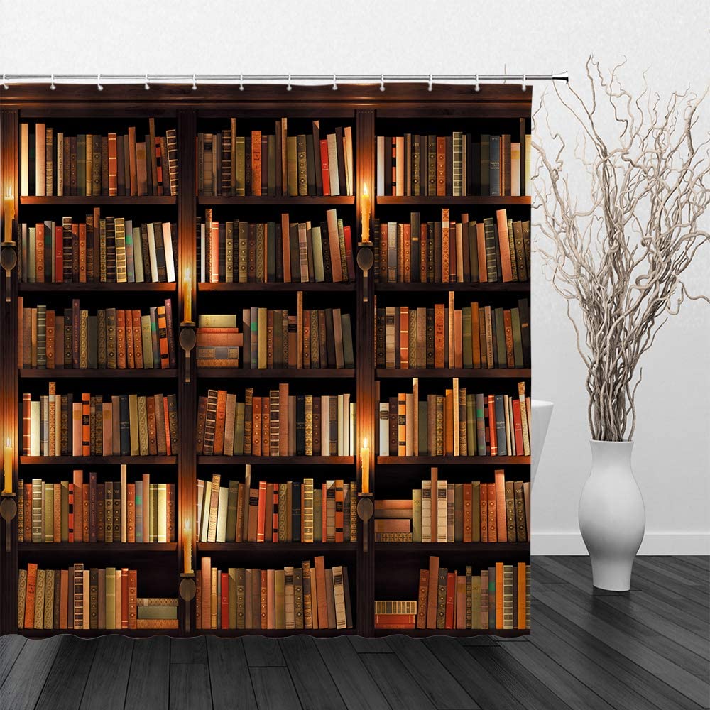 Library Old Wooden Booksheld Shower Curtain Magic Book Design Bath Curtain Study Room Temple Decoration Bathroom Decor Screens