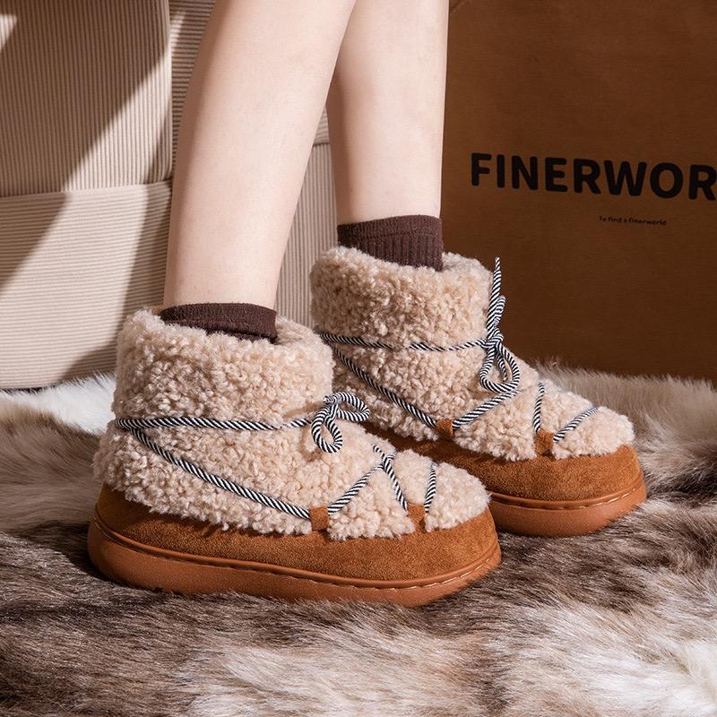 Fashion Women's Fashion Flat Cotton Shoes Winter New Round Head Suede Splicing Thickened Soft Sole Non-slip Thick Snow Boots