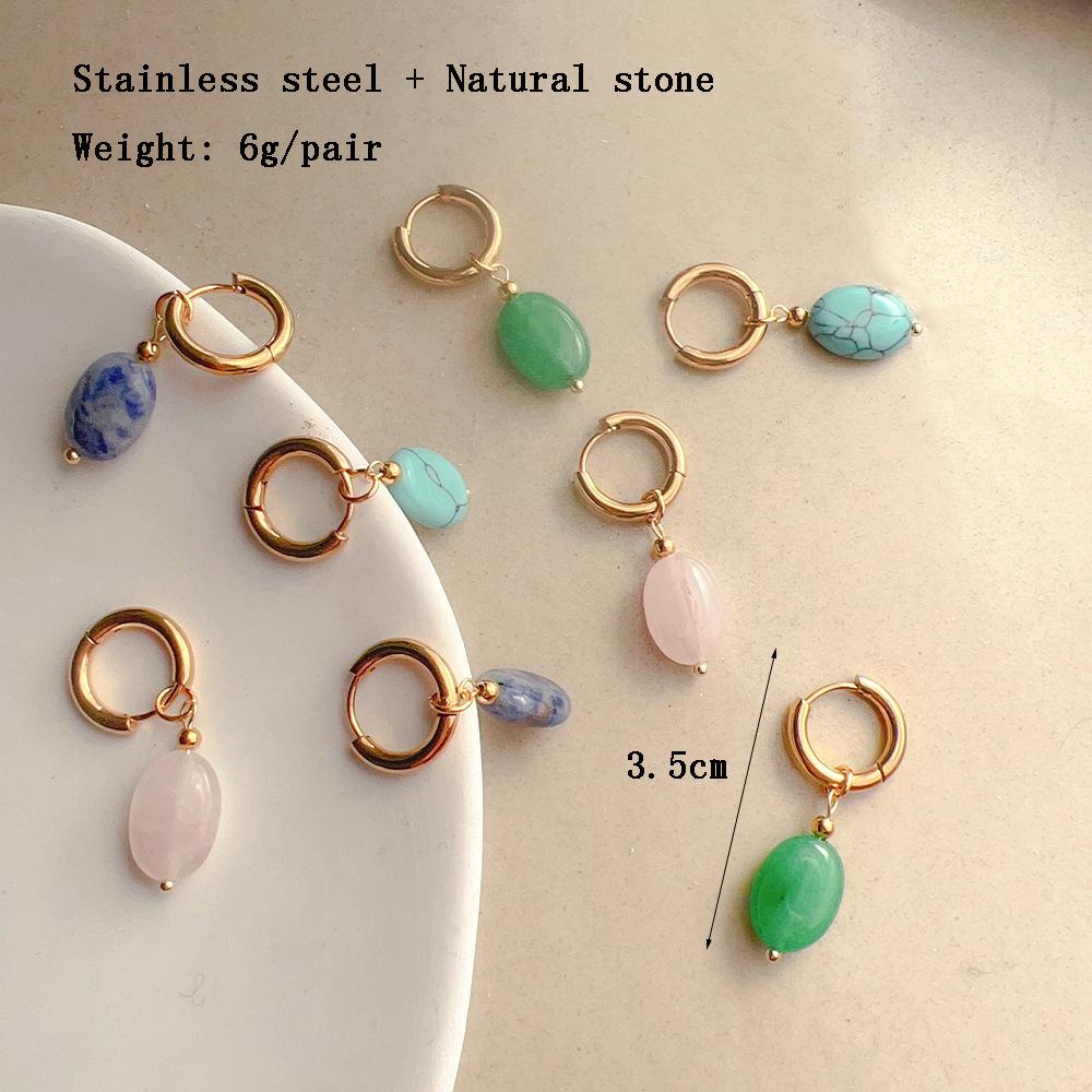 French Fashion Earrings Elegant Oval Denier Ins Retro Style Ear Buckle Titanium Steel Natural Stone All-match Ear Jewelry