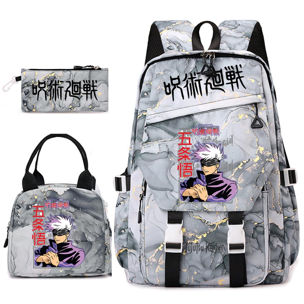 Anime Jujutsu Kaisen Backpack Set for Girls 3pcs School Bookbag Lunch Bag Pencil Case Casual Travel Rucksack