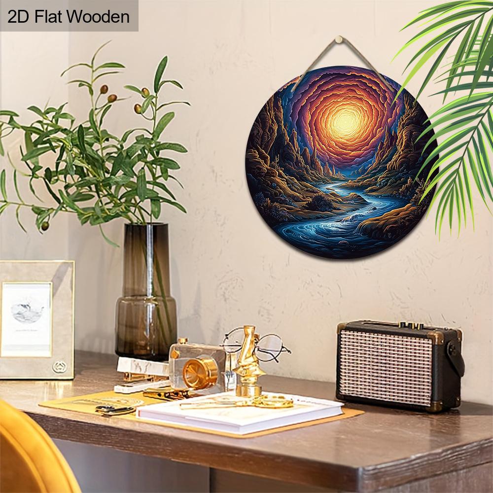 Swirl Sky Canyon River Landscape Round Wooden Hanging Sign, 2D Flat Printed Nature Wall Door Ornament, Scenery Home Decor Gift