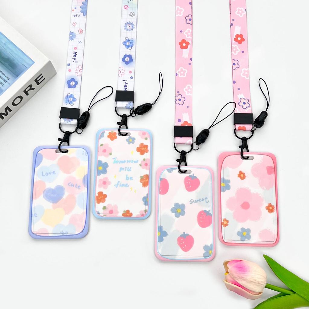 Ins Student Id Card Holder with Lanyard Slide Cover Transparent ABS School Card Cover Game Cards IC Card Protective Cover