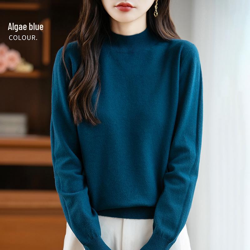 Elegant Autumn Velvet Knit Half-High Neck Sweater for Women - Long Sleeve, Loose Fit Pullover