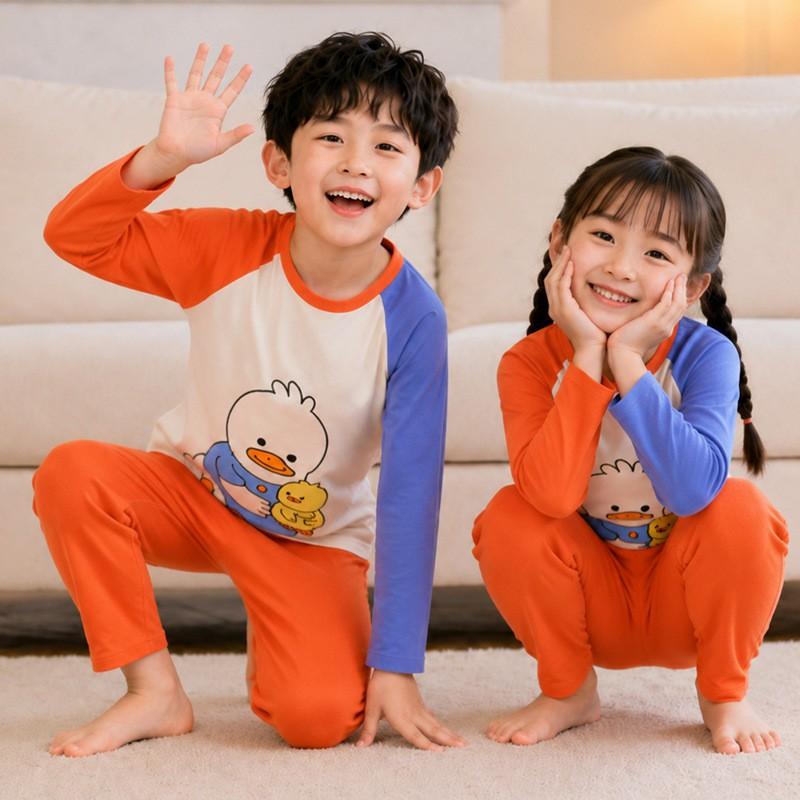 Kids Cotton Pajama Set Long Sleeve Round Neck Cartoon Sleepwear Boys Girls Toddlers