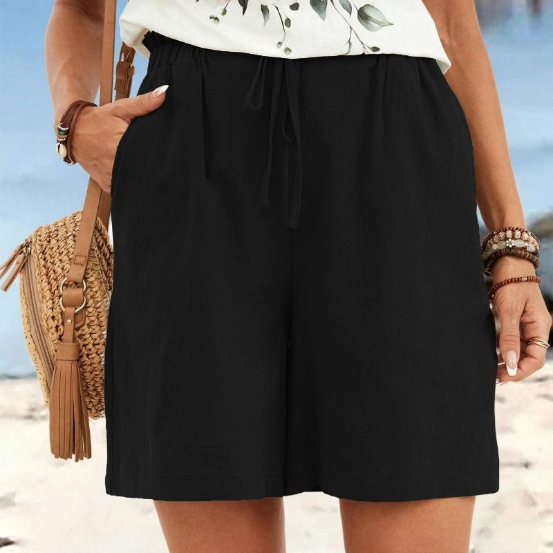Women's Spring and Summer Linen Solid Color Shorts Casual Sports Women's Shorts Three-quarter Pants with Drawstring Shorts