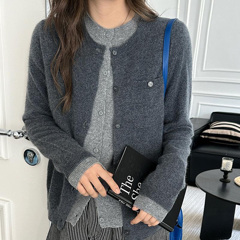 Round Neck Double-Layered Wool Cardigan for Women, 2024 Autumn/Winter Style, Knitted Cashmere Sweater Coat