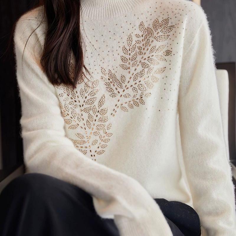 Sweter damski z czystej wełny, dopasowany krój, gorący diament, dzianinowy, gruby i ciepły, jesień, zima, nowy, półwysoki kołnierz, kaszmirowe swetry