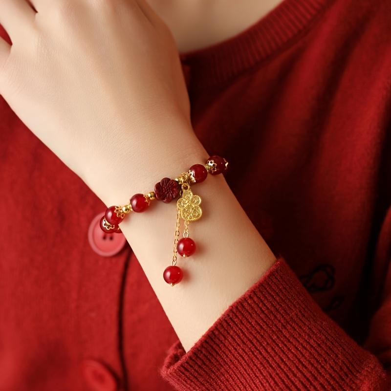 1pc Women's Stackable Red Agate Beaded Bracelet with Lucky Four-Leaf Clover Plum Blossom Pendant, Golden Tassel