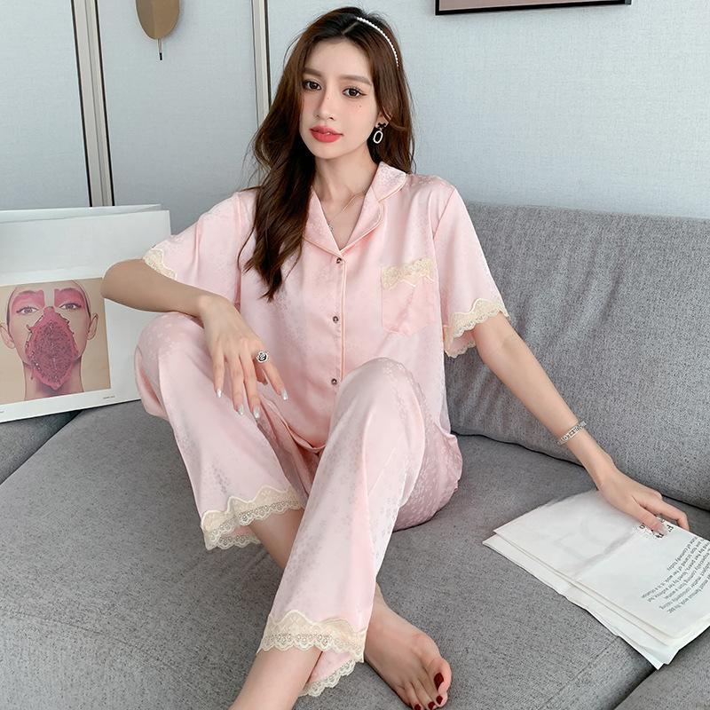 Dam Sommar Bekväm Is-Siden Loungewear 2 Delar Kortärmad Långbyxor Spets Pyjamas Set Damer High-end Vår och Höst Hemkläder