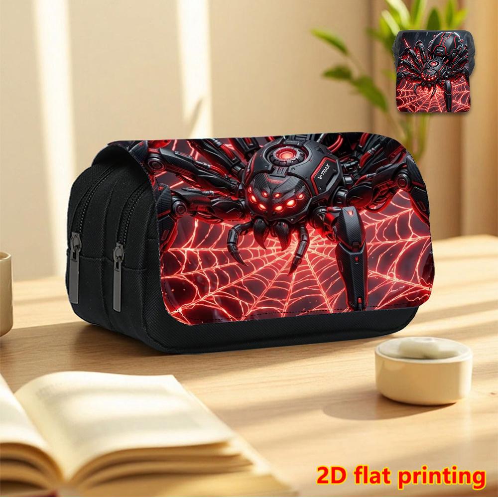 Red Mechanical Spider 2D Printed Double-Layer Flip-Top Black Pencil Case - Back-to-School Essential Pencil Box, Daily Multi-Functional Makeup Bag, Lar