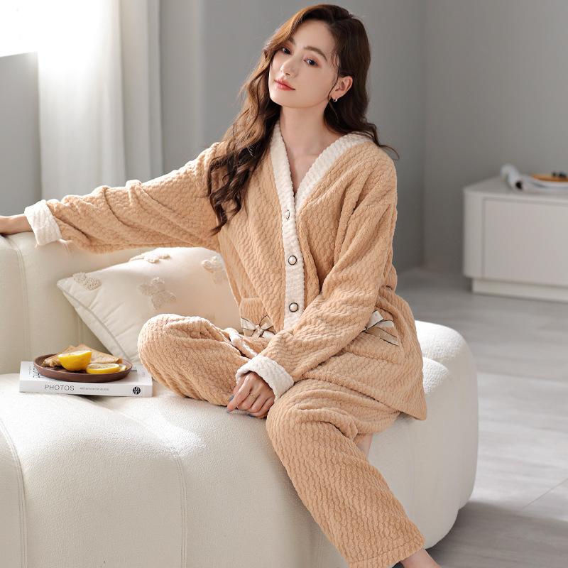 Pyjama Damen Winter Korallenfleece Verdickt Fleece Winter 2024 Damen Flanell Hausanzug Warmes Anzug