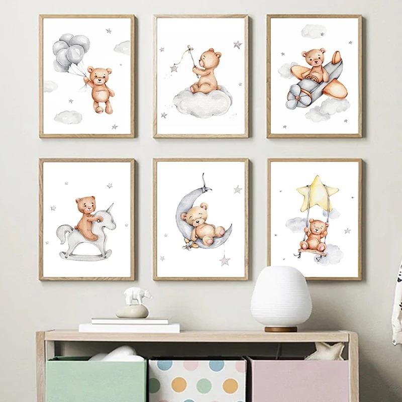 Custom Kids Name Canvas Paintings Cute Teddy Bear and Rabbit Nursery Wall Art Posters Prints Mural Pictures Baby and Kids Room