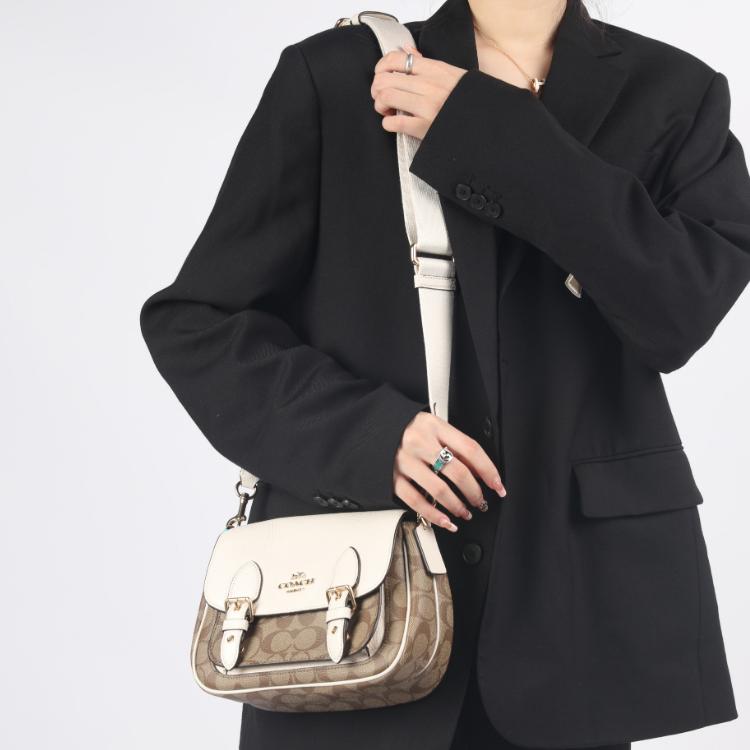 Coach Lucy 22 Double Buckle Flap Cycling Cambridge Canvas And Pebble Leather Messenger Bag Women bags White Khaki C6781-IMDJ8