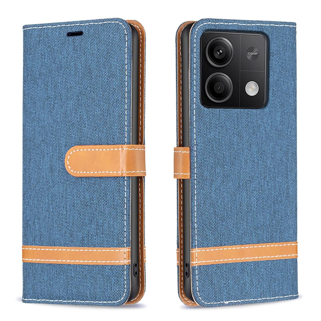 

For Xiaomi Redmi Note 13 4G Phone Case Jeans Cloth Splicing Stand Wallet Cover Navy Blue