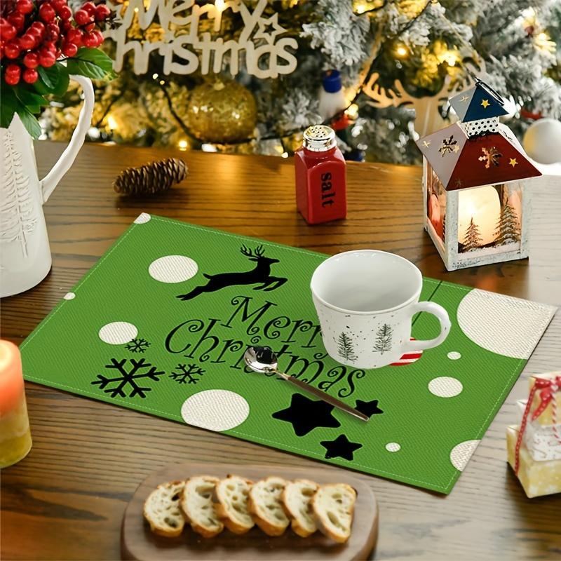 4-Pack Christmas Placemats with Deer, Pine Cone, and Snowflake Design, 12x18 Inch Square Polyester Table Mats, Machine Washabl