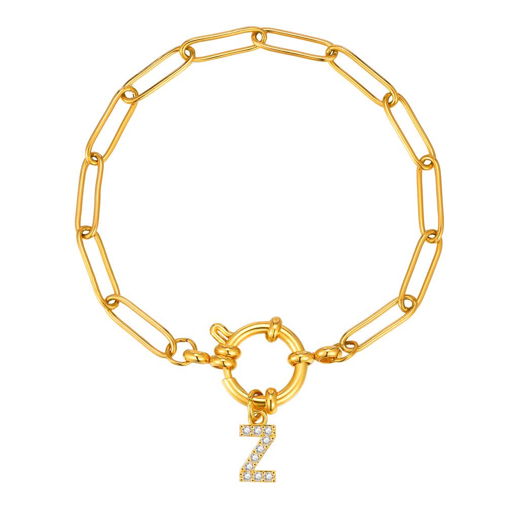 Bubble Buckle Zircon Initial A-Z Charm Bracelet, Stainless Steel Square Chain Bracelet for Women, 26 Letters Alphabet Jewelry