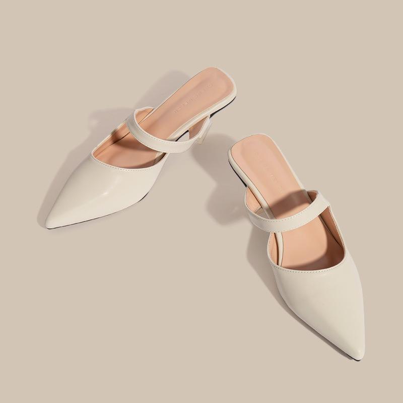 Nude half slippers new summer pointed thick heel temperament medium heel high heels sandals women's outer wear with skirt
