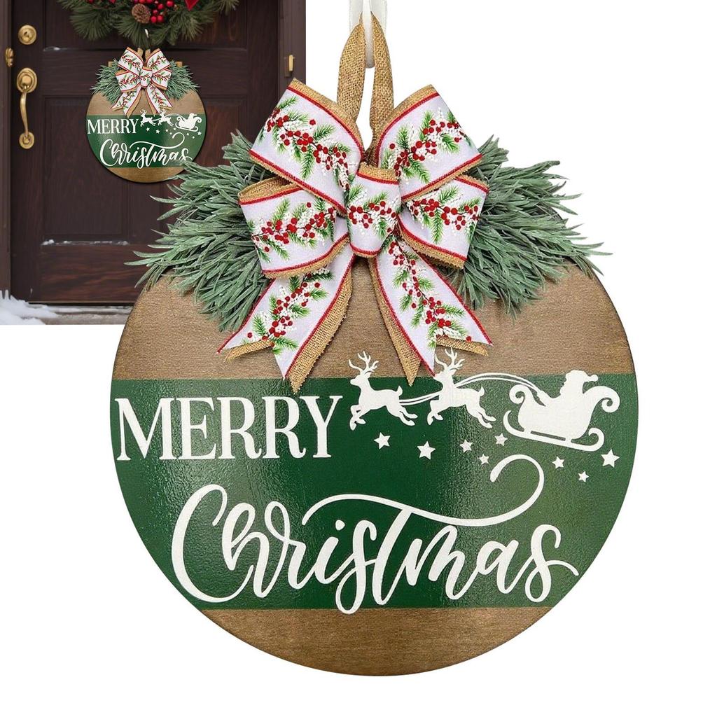 Christmas Door Signs Wooden Front Door Signs Craft With Bow And Fake Plant Reindeer Pattern For Living Room Party Yard