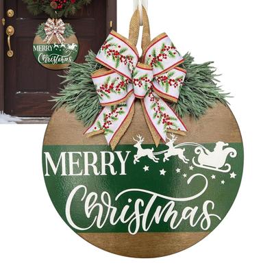 Christmas Door Signs Wooden Front Door Signs Craft With Bow And Fake Plant Reindeer Pattern For Living Room Party Yard