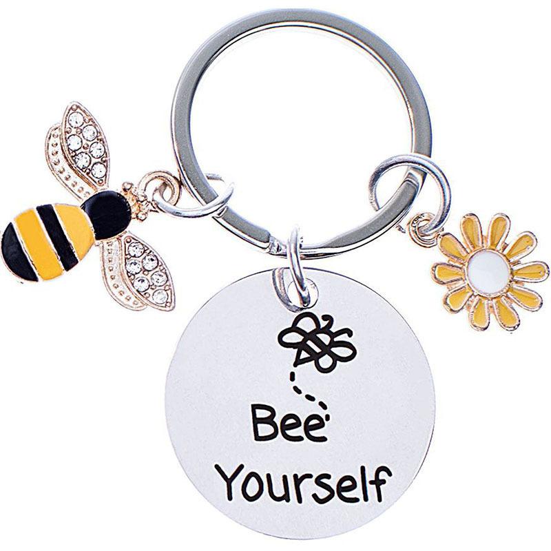Teachers Day Keychain Bee Happy Little Bee Stainless Steel Keychain Gift Stainless Steel Keychain for Backpack Bag Pendant