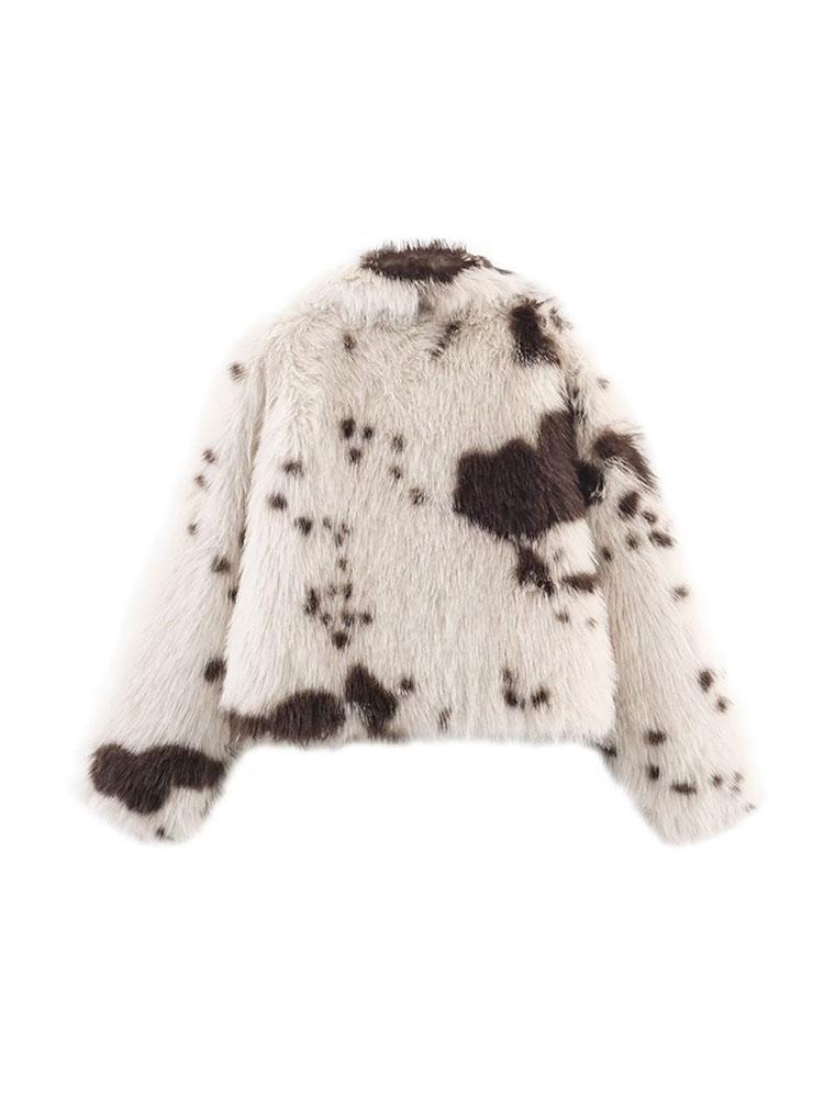 Women's Collar Long Sleeved Spotted Faux Fur Winter Coat