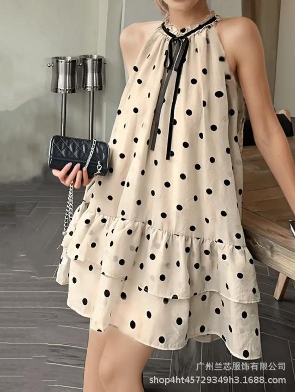 Lace-up Polka Dot Sleeveless Dress, Loose Straight Ruffle Edge Cake Skirt, Temperament Commuter Suspender Skirt