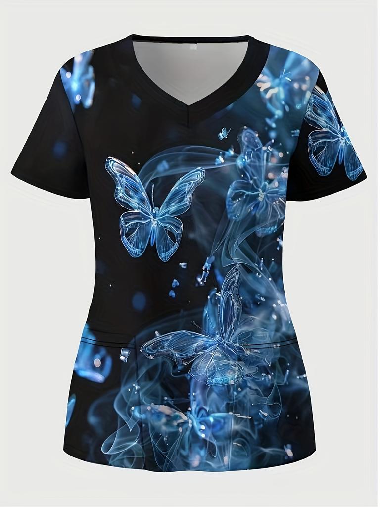 Fashion butterfly Short-Sleeve TShirt Commuting Work V-Neck Top Short Sleeves Woman