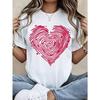 European Size White T Shirt with Red Heart Fingerprint Print Womens Casual Short Sleeve Round Neck Summer Top