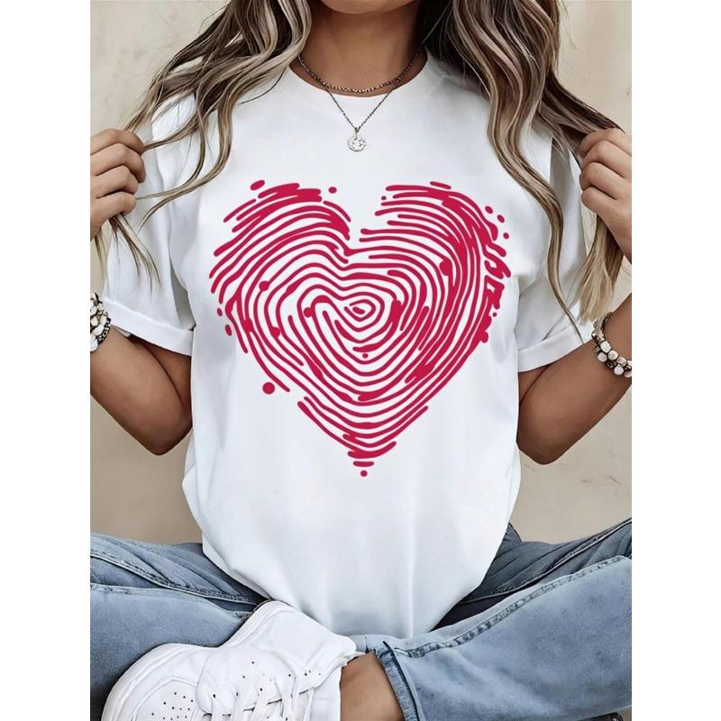 

European Size White T Shirt with Red Heart Fingerprint Print Womens Casual Short Sleeve Round Neck Summer Top 4XL білий