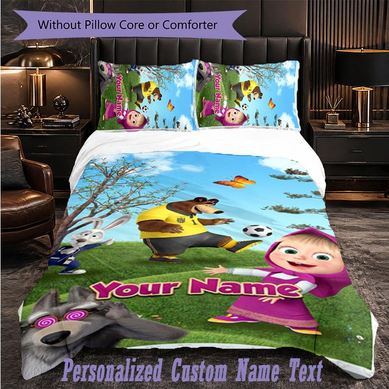 Personalized 3Pcs Bedding SetMasha and the Bear Custom Text Duvet Cover Pillowcase Set Bedroom Gift