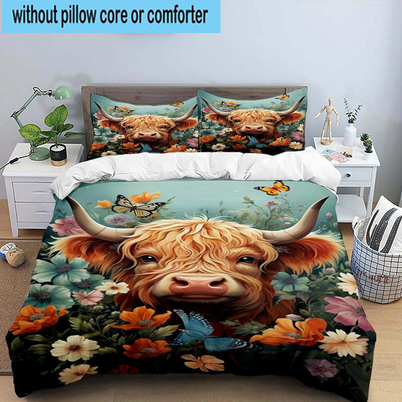 Cow In Flower Field 3pcs Bedding,Including 1pc Duvet Cover And 2pcs Pillowcases Perfect for Christmas,Ideal for Bedroom, Dormitory