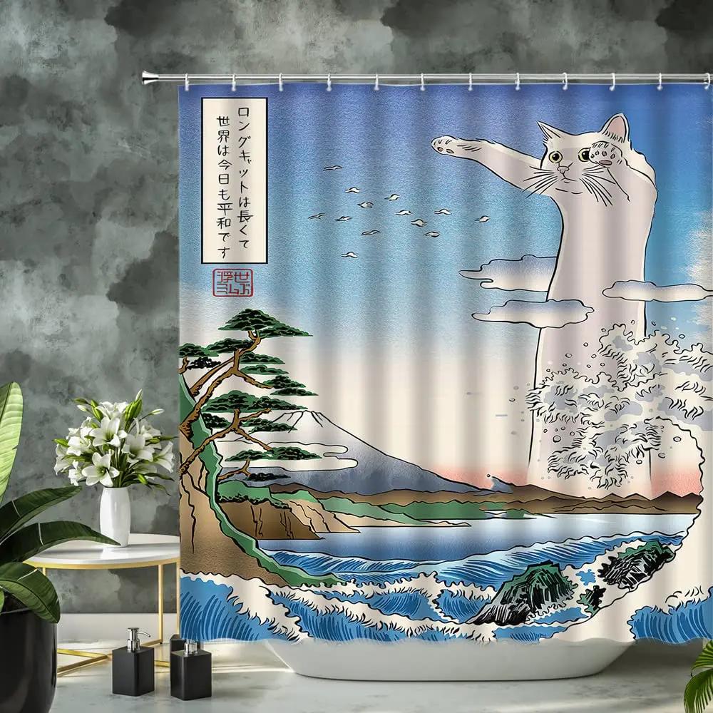 Zen Cat and Dragonfly Bath Curtain - High-Quality Waterproof and Mildew-Proof Bathroom Decor for a Calm, Oriental-Inspired Home