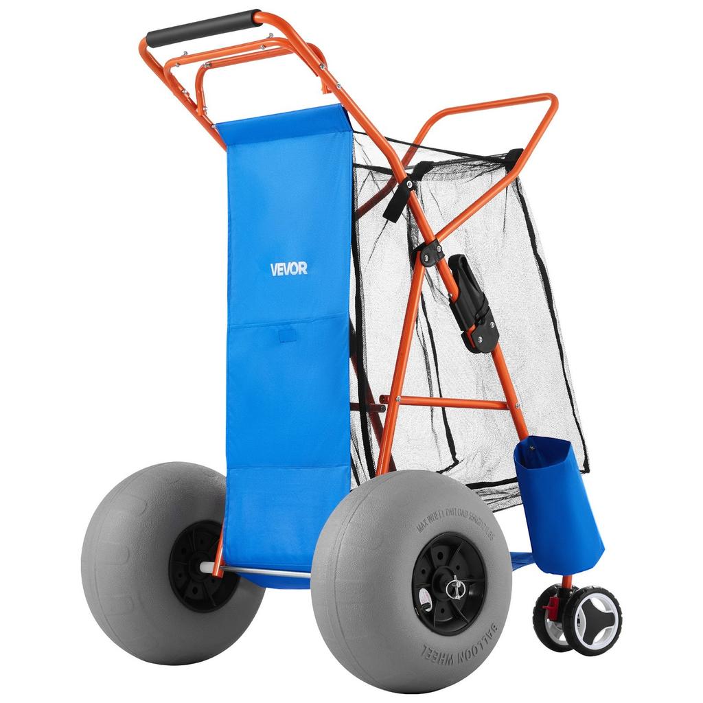 Strandkarre mit großen Rädern für Sand, 75 kg Tragfähigkeit, Robuster faltbarer Strandwagen mit 320 mm Ballonrädern, Isolierte Kühltasche, Sonnenschirm