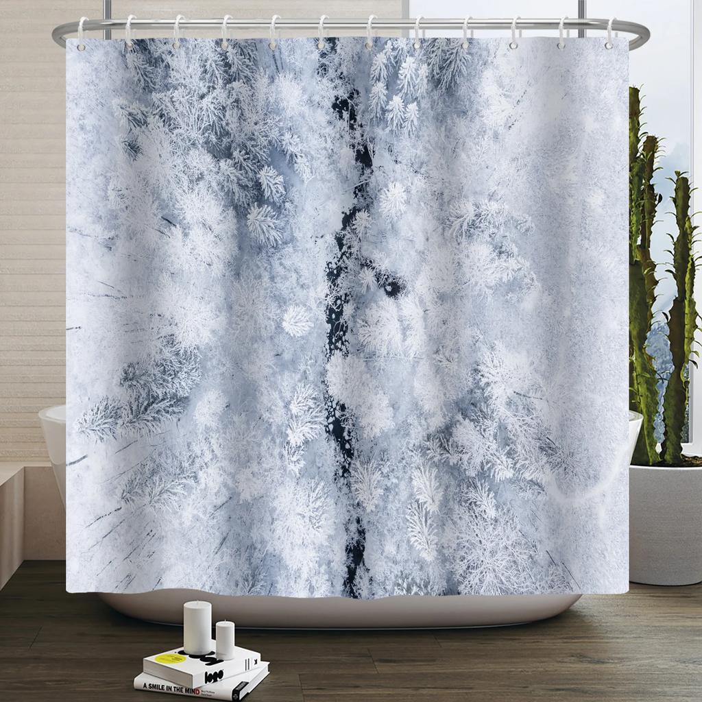 Christmas Shower Curtain Xmas Tree Winter Forest Snow Cute Snowman Bathroom Shower Curtain Waterproof Bath Curtain With Hook