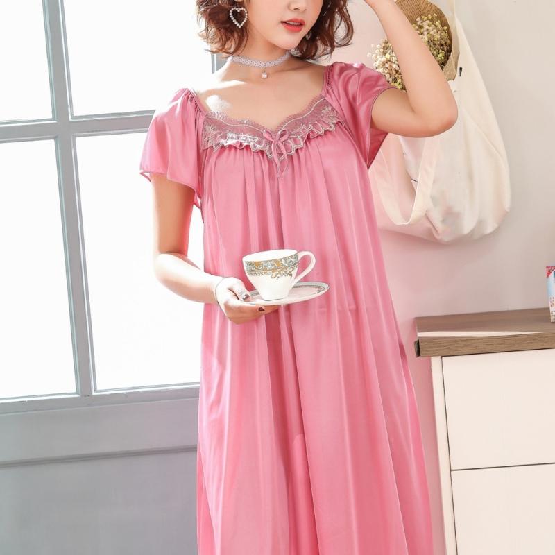 Women's Ice Silk Nightgown Sleepwear Round Neck Nightie Short Sleeves Nightshirt Summer Sleepwear Nightdress Sleep Dress