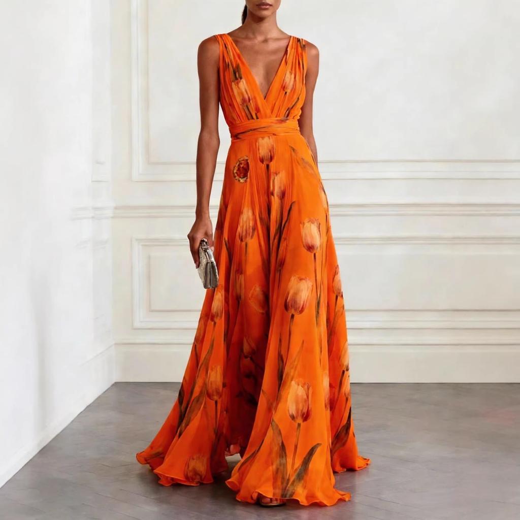 Women's V Neck Sleeveless Floral Maxi Dress Slim Fit High Waist Elegant Party Chiffon Dress