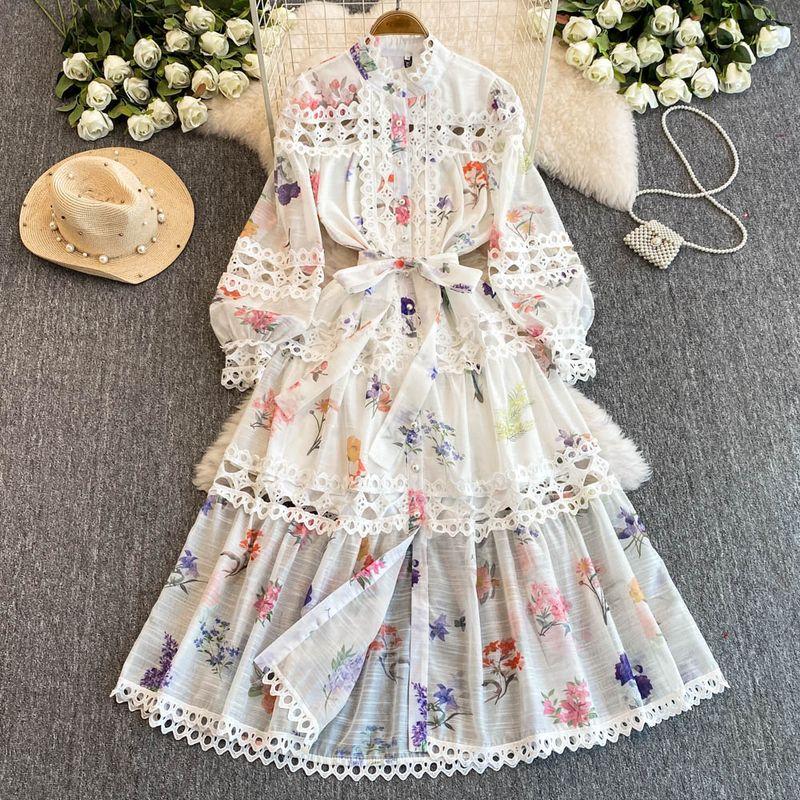 

Ethnic Style Waist-Tight Slim Looking Cut Out Temperament Long Sleeve Dress Women s Fall and Winter French Chic Stunning Print Shirt Dress White XL