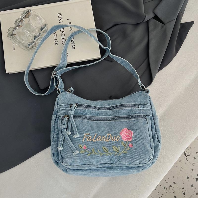 Jeansowa Haftowana Torba na Ramię Damska Torebka Miejska Torba Crossbody