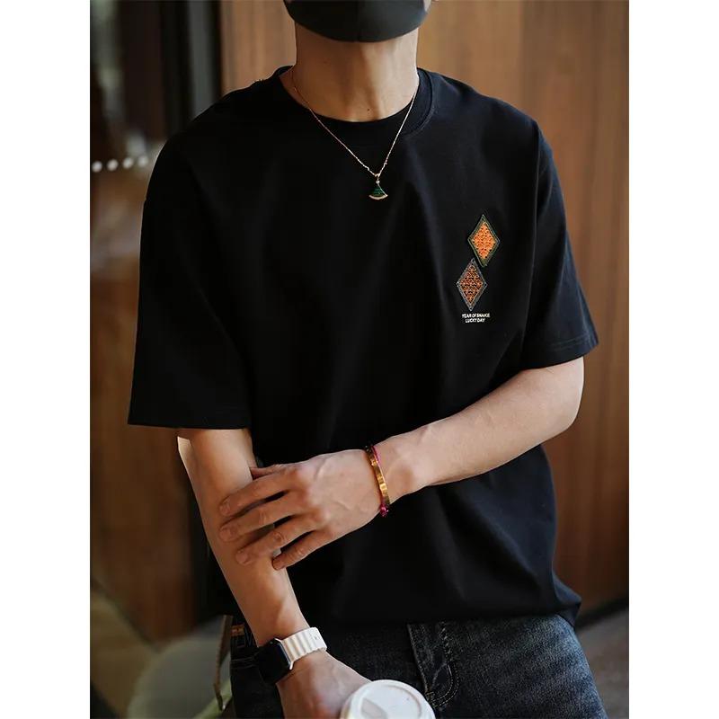 

Men s Spring Summer Casual Loose Short Sleeve T Shirt Geometric Embroidery M чёрный