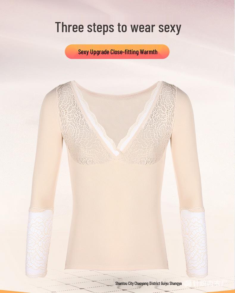 Dámský termální krajkový top s V-výstřihem, úzkého střihu, v korejském stylu, s fleecovou podšívkou