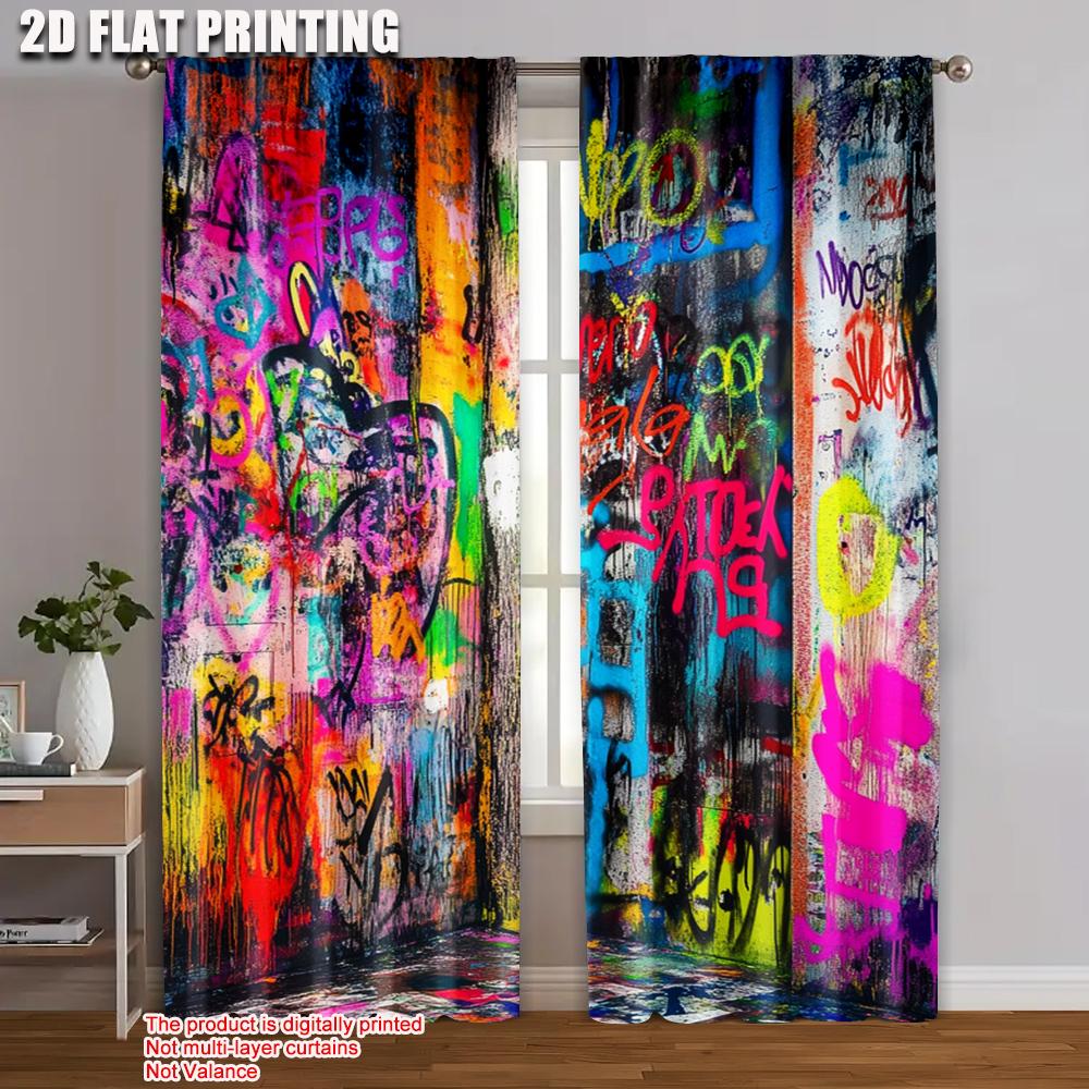 

Set Of 2 Flat Printing Party Window Curtains Graffiti Versatile Polyester Fabric Without Electricity Family Decoration Made W100*H70(CM)-Grommet top&1PCS