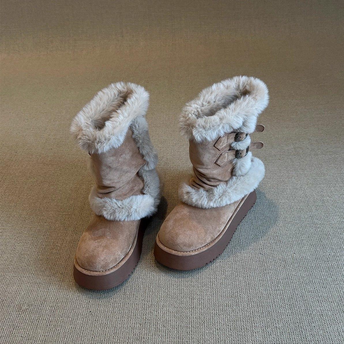 Versatile velvet warm round head metal buckle cotton boots winter new thick-soled snow boots 40 малиновый