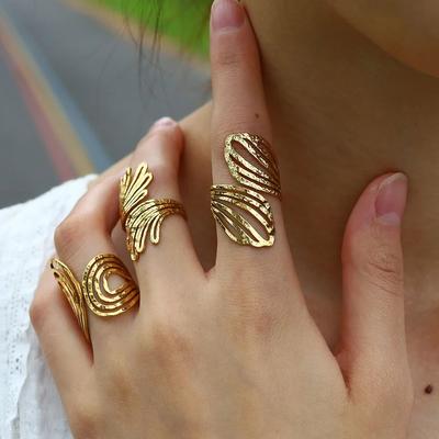 18 K Gold Color Stainless Steel Rings For Women Irregular Hammered Metal Texture Party Anillos Acero Inoxidables Jewelry Gift