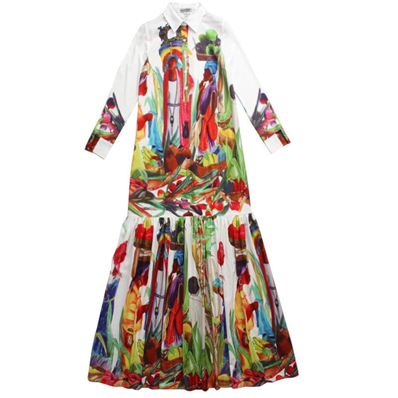 Plus Size Bohemian Long Dress Spring Summer Autumn Women Turn-down Collar Prints Long Sleeve Casual Dress