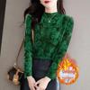 Ribbed Velvet Floral Print Long Sleeve Base Layer Shirt for Women - Retro Mid-High Neck Top.